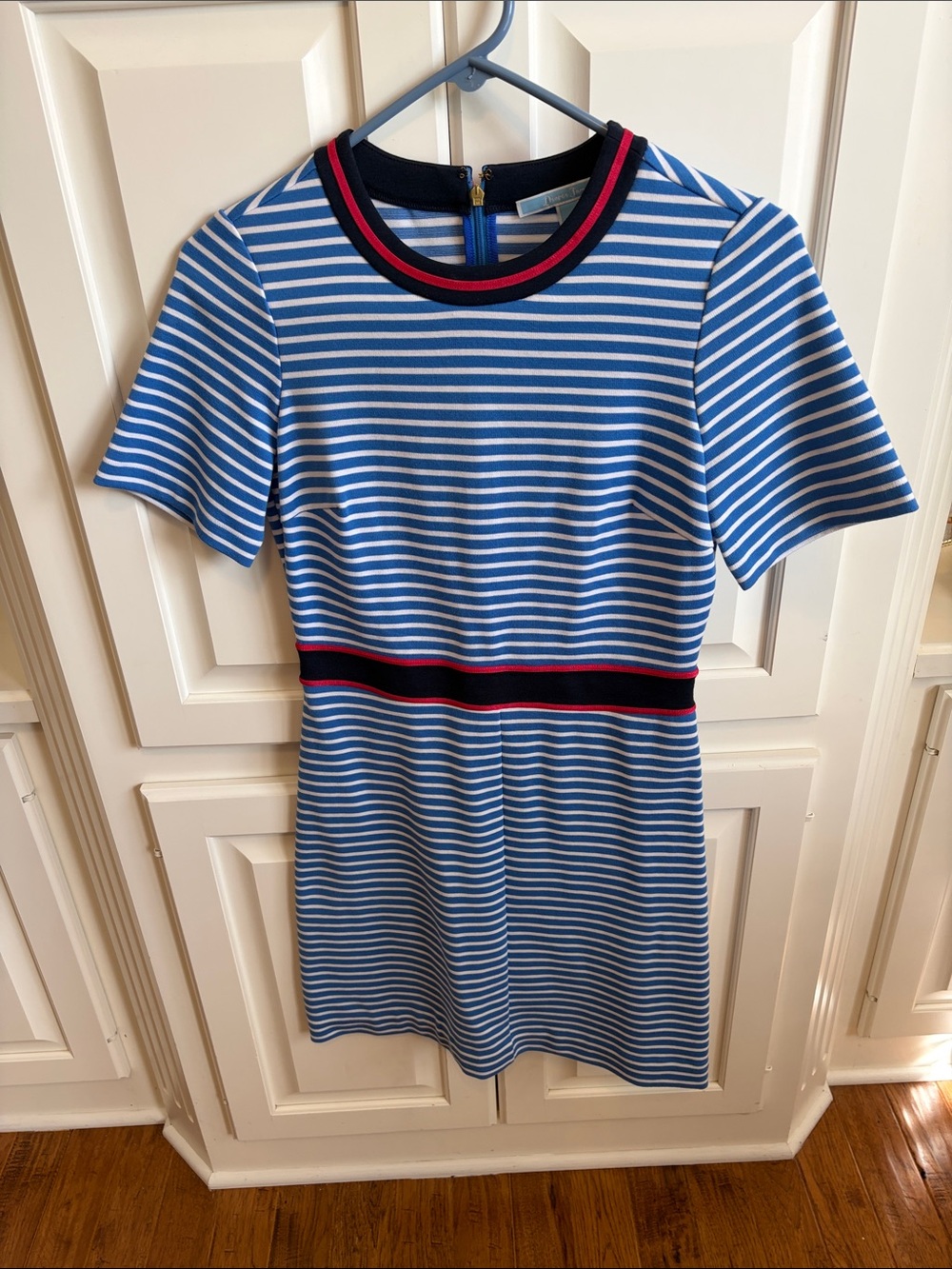 Draper JamesBlue and White Striped Short Sleeve Knit Dress with Red-Trim Accents